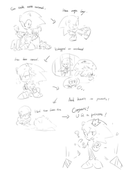 Size: 1176x1612 | Tagged: safe, artist:bb_meronpan, flicky, princess elise, sonic the hedgehog, chao, human, sonic forces, sonic frontiers, sonic the hedgehog (2006), 2025, arrow, comic, corruption, crown, duo, english text, greyscale, grin, lidded eyes, literal animal, monochrome, simple background, sketch, smile, standing, stretching, white background