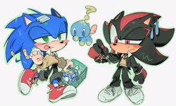 Size: 2048x1227 | Tagged: safe, artist:xxxxx_jjz, shadow the hedgehog, sonic the hedgehog, chao, 2025, alternate outfit, alternate shoes, holding something, lidded eyes, neutral chao, pants, shirt, simple background, smile, standing, trio, white background