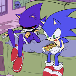 Size: 1000x1000 | Tagged: safe, artist:tomatopie_2, metal sonic, sonic the hedgehog, 2025, chili dog, drooling, duo, food, gay, head rest, holding something, metonic, robot, shipping, sitting