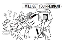 Size: 1134x698 | Tagged: safe, artist:timandmau, e-123 omega, shadow the hedgehog, 2025, duo, gay, greyscale, implied pregnancy, looking at them, monochrome, omega x shadow, robot, shipping, simple background, speech bubble, white background