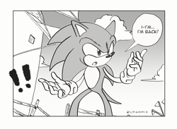 Size: 2755x2018 | Tagged: safe, artist:chaomix, sonic the hedgehog, sonic unleashed, 2022, greyscale, monochrome, mouth open, redraw, scene interpretation, solo, speech bubble, standing
