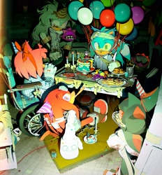 Size: 2433x2621 | Tagged: safe, artist:dongbomu1, amy rose, knuckles the echidna, shadow the hedgehog, silver the hedgehog, sonic the hedgehog, 2025, balloon, cake, food, group, holding something, sitting, wheelchair