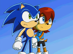 Size: 640x480 | Tagged: safe, artist:vitoriacampos, sally acorn, sonic the hedgehog, chipmunk, hedgehog, sonic x, 2013, daytime, dialogue, duo, female, holding arm, male, sally x sonic, sally's ringblader outfit, shipping, sonic x style, straight