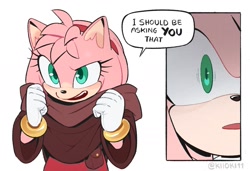Size: 1425x974 | Tagged: safe, artist:kiioki11, amy rose, hedgehog, dialogue, female, hoodie, self paradox, signature, simple background, white background