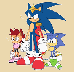 Size: 1440x1392 | Tagged: safe, artist:risziarts, manik acorn, sonia acorn, sonic the hedgehog, chipmunk, hedgehog, 2023, child, father and child, father and daughter, father and son, female, holding hands, king sonic, male, parent:sally, parent:sonic, parents:sonally, simple background, speech bubble, standing, trio