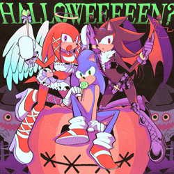Size: 1500x1500 | Tagged: suggestive, artist:ccchitf, boo, knuckles the echidna, shadow the hedgehog, sonic the hedgehog, 2025, boots, candy, crossdressing, food, halloween, halloween outfit, halo, heart, high heels, holding something, jack o'lantern, lollipop, looking at viewer, mouth open, sitting, skirt, trio, wings