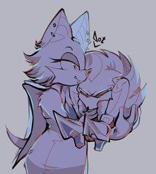 Size: 996x1105 | Tagged: safe, artist:dotanadots, rouge the bat, shadow the hedgehog, bat, hedgehog, 2026, alternate outfit, carrying them, curled up, duo, ear piercing, earring, eyes closed, female, grey background, heels, lidded eyes, male, monochrome, shoulder fluff, signature, simple background, smile