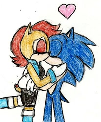 Size: 512x622 | Tagged: safe, artist:sonicgal89, sally acorn, sonic the hedgehog, chipmunk, hedgehog, 2017, duo, female, heart, kiss, male, sally x sonic, sally's ringblader outfit, shipping, straight, traditional media, white background