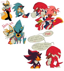 Size: 1536x1703 | Tagged: safe, artist:funnybonesfunny, amy rose, knuckles the echidna, metal sonic, miles "tails" prower, shadow the hedgehog, sonic the hedgehog, 2025, alternate outfit, alternate universe, au:dr. prower, black sclera, english text, grin, group, looking at each other, looking at them, piko piko hammer, robot, scar, simple background, sitting, smile, speech bubble, standing, top surgery scars, yellow sclera