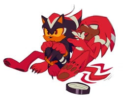 Size: 1135x924 | Tagged: safe, artist:funnybonesfunny, knuckles the echidna, shadow the hedgehog, 2025, alternate universe, au:dr. prower, barefoot, claws, duo, gay, knuxadow, pawpads, paws, shipping, simple background, sitting, white background, yellow sclera