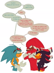 Size: 1536x2048 | Tagged: safe, artist:funnybonesfunny, knuckles the echidna, shadow the hedgehog, sonic the hedgehog, 2025, alternate universe, arms folded, au:dr. prower, english text, goggles on head, looking at each other, looking at them, mouth open, scar, simple background, speech bubble, standing, top surgery scars, trio, white background, yellow sclera