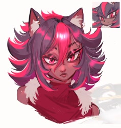 Size: 1236x1305 | Tagged: safe, artist:saintforan, shadow the hedgehog, human, 2025, bust, clothes, dark skin, ear fluff, ear piercing, earring, eyelashes, eyeshadow, female, frown, gender swap, humanized, lineless, looking offscreen, partially humanized, reference inset, scarf, simple background, solo, species swap