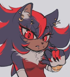 Size: 1200x1320 | Tagged: safe, artist:saintforan, shadow the hedgehog, hedgehog, 2025, alternate hairstyle, alternate outfit, arm sleeves, bodysuit, chest fluff, claws, clenched teeth, clothes, dark skin, ear fluff, ear piercing, earring, eyebrow piercing, eyelashes, face piercing, female, fingerless gloves, fully clothed, gender swap, gloves, grey background, looking at viewer, pointing, simple background, solo
