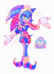 Size: 1478x2015 | Tagged: safe, artist:saintforan, sonic the hedgehog, hedgehog, 2025, alternate outfit, beanbrows, clothes, eyelashes, female, fingerless gloves, frown, fully clothed, gender swap, gloves, jester outfit, jester sonic, lidded eyes, looking at viewer, simple background, smile, smiling at viewer, solo, standing, star (symbol), the amazing digital circus, thousand yard stare, white background
