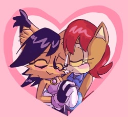 Size: 806x741 | Tagged: safe, artist:zippityzap, nicole the hololynx, sally acorn, 2018, blushing, duo, ear fluff, eyes closed, heart, holding hands, lesbian, nicole x sally, shipping, smile
