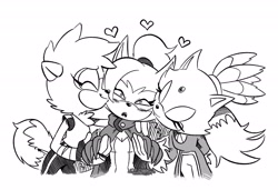 Size: 2048x1400 | Tagged: safe, artist:4brandonjs4, blaze the cat, tangle the lemur, whisper the wolf, 2024, blaze x tangle x whisper, blaze x whisper, cute, eyes closed, heart, holding hands, lesbian, line art, monochrome, mouth open, nuzzle, polyamory, shipping, simple background, smile, standing, tanglaze, tangle x whisper, trio, white background