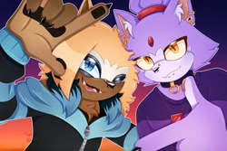 Size: 2048x1365 | Tagged: safe, artist:astral_wisp, blaze the cat, whisper the wolf, 2025, alternate outfit, chest fluff, claws, clothes, duo, ear fluff, ear piercing, earring, face piercing, gradient background, hoodie, kinsona, lip peircing, outline, pawpads, pointing, smile, tongue piercing