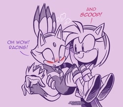 Size: 2048x1788 | Tagged: safe, artist:4brandonjs4, amy rose, blaze the cat, 2025, amy x blaze, blushing, carrying them, cute, dialogue, duo, english text, flustered, lesbian, monochrome, pink background, shipping, simple background, smile, sonic racing crossworlds, standing, swirly eyes