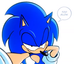 Size: 1979x1712 | Tagged: safe, artist:4brandonjs4, sonic the hedgehog, 2025, dialogue, english text, fourth wall break, hand on hip, leaning, leaning forward, looking at viewer, simple background, smile, smiling at viewer, smirk, smug, solo, text, white background, you're too slow