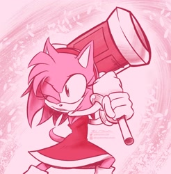 Size: 2012x2048 | Tagged: safe, artist:4brandonjs4, amy rose, 2022, female, holding something, looking offscreen, monochrome, piko piko hammer, pink, smile, solo, standing, wink