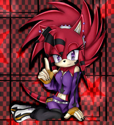 Size: 600x661 | Tagged: safe, artist:kaitoyan, oc, oc:kokoro the hedgehog, hedgehog, 2010, abstract background, belt, clothes, ear piercing, earring, fingerless gloves, fur markings, gloves, hair up, headband, jacket, kneeling, lidded eyes, looking at viewer, oc only, painted fingernails, pointing, shoes, shorts, smile, smiling at viewer, solo, star (symbol)