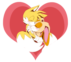 Size: 2796x2457 | Tagged: safe, artist:ni-qu, cream the rabbit, miles "tails" prower, 2025, cream x tails, cute, duo, eyes closed, heart, hugging, shipping, simple background, smile, straight, transparent background