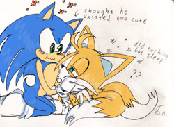 Size: 960x701 | Tagged: safe, artist:kptya, miles "tails" prower, sonic the hedgehog, 2024, arrow, arrow (weapon), arrow through heart, blushing, cute, duo, english text, heart, holding another's face, kneeling, looking at each other, lying down, pout, question mark, signature, simple background, smile, text, white background