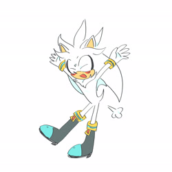 Size: 2048x2048 | Tagged: safe, artist:kptya, silver the hedgehog, 2023, blushing, cute, eyes closed, flat colors, hands up, mouth open, open smile, silvabetes, simple background, smile, solo, standing, standing on one leg, white background