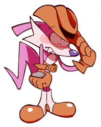 Size: 944x1191 | Tagged: safe, artist:cherucat, artist:gaysilver, nack the weasel, 2018, blushing, clenched fist, eyebrow clipping through clothes, flustered, frown, looking down, simple background, solo, standing, white background