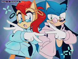 Size: 1420x1080 | Tagged: safe, artist:risziarts, sally acorn, sonic the hedgehog, chipmunk, hedgehog, 2026, alternate outfit, clothes, duo, ear piercing, female, glasses, jacket, looking at viewer, male, piercing, pose, sally x sonic, shipping, skirt, straight, v sign