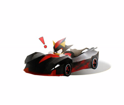 Size: 3142x2654 | Tagged: safe, artist:waaii132299, shadow the hedgehog, 2025, car, chibi, classic shadow, cute, driving, exclamation mark, shadowbetes, simple background, solo, white background