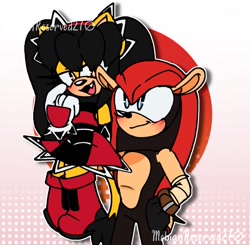 Size: 1599x1566 | Tagged: safe, artist:lincx27cloud, honey the cat, mighty the armadillo, armadillo, cat, 2026, blushing, carrying them, duo, female, honey x mighty, male, shipping, straight, watermark