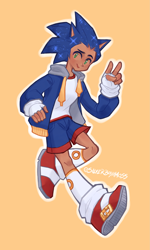 Size: 1495x2500 | Tagged: safe, artist:boyamoss, sonic the hedgehog, human, 2025, clothes, fingerless gloves, gloves, humanized, jacket, looking at viewer, outline, partially humanized, shirt, shoes, shorts, simple background, smile, socks, solo, species swap, tan skin, treads, v sign, yellow background