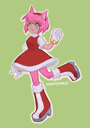Size: 1759x2500 | Tagged: safe, artist:boyamoss, amy rose, human, 2025, eyebrow clipping through hair, green background, humanized, looking at viewer, outline, partially humanized, simple background, smile, solo, species swap, standing, standing on one leg