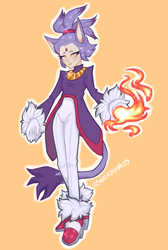 Size: 1678x2500 | Tagged: safe, artist:boyamoss, blaze the cat, human, 2025, fire, fire hand, flame, humanized, looking at viewer, outline, partially humanized, simple background, solo, species swap, standing, yellow background