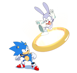 Size: 1500x1440 | Tagged: safe, artist:glitchedvercius, feels the rabbit, sonic the hedgehog, hedgehog, rabbit, sonic mania adventures, 2018, classic sonic, duo, looking at each other, male, mid-air, mouth open, portal, ring, simple background, smile, standing, style emulation, transparent background, tyson hesse style
