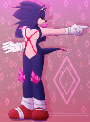 Size: 1324x1787 | Tagged: safe, artist:igenesisx, sonic the hedgehog, oc, oc:sonic.exe, oc:xenophanes, hedgehog, 2023, black sclera, heart, pointing, scar, solo, standing