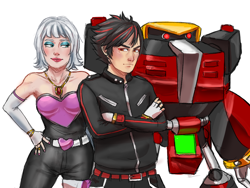 Size: 1000x750 | Tagged: safe, artist:justasonicfan, e-123 omega, rouge the bat, shadow the hedgehog, human, 2021, arms folded, frown, humanized, looking at them, looking at viewer, robot, smile, species swap, standing, team dark, trio