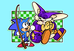 Size: 1000x701 | Tagged: safe, artist:hedgehominoid, big the cat, sonic the hedgehog, cat, hedgehog, 2022, bigabetes, cute, duo, ear fluff, fangs, fishing pole, holding something, male, outline, smile, sonabetes