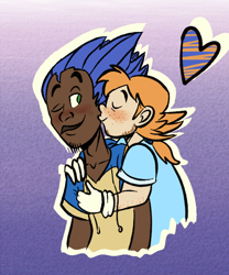 Size: 1000x1200 | Tagged: safe, artist:future-gamefreak, artist:realmaturebradley, miles "tails" prower, sonic the hedgehog, human, 2023, age difference, arm around shoulders, blushing, dark skin, duo, eyes closed, facial hair, flat colors, freckles, gay, gradient background, heart, hoodie, humanized, kiss, kiss on cheek, one eye closed, outline, redraw, shipping, shirt, smile, sonic x tails, species swap