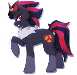 Size: 713x697 | Tagged: safe, artist:fycoren, shadow the hedgehog, 2026, alternate version, barely sonic related, clenched teeth, crossover, frown, looking at viewer, my little pony, ponified, pony, simple background, solo, species swap, unicorn, white background