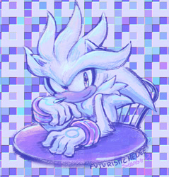 Size: 719x751 | Tagged: safe, artist:futuristichedge, silver the hedgehog, 2026, chair, checkered background, head rest, looking at viewer, pastel style, signature, sitting, smile, solo, table