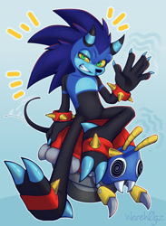 Size: 2048x2793 | Tagged: safe, artist:wereh0gz, moto bug, sonic the hedgehog, zeti, 2026, agender, badnik, barefoot, claws, clenched teeth, duo, gradient background, horns, male, outline, robot, sitting, sitting on them, smile, smiling at viewer, species swap, spiked bracelet, waving, yellow sclera