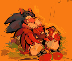 Size: 1672x1395 | Tagged: safe, artist:sonicsez, knuckles the echidna, sonic the hedgehog, 2026, dark skin, duo, eyestrain, gay, grass, knuxonic, shipping, simple background, sitting, yellow background