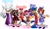 Size: 2048x1180 | Tagged: safe, artist:petunialightnin, amy rose, rouge the bat, sally acorn, silver the hedgehog, sonic the hedgehog, whisper the wolf, 2025, alternate outfit, character name, clothes, cosplay, crossover, crossover cosplay, english text, gangle (the amazing digital circus), group, jax (the amazing digital circus), kinger (the amazing digital circus), pomni (the amazing digital circus), ragatha, simple background, text, the amazing digital circus, white background, zooble (the amazing digital circus)