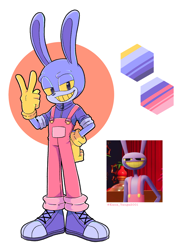 Size: 1620x2160 | Tagged: safe, artist:kanayanga, rabbit, 2024, barely sonic related, clothes, color palette, crossover, gloves, hand on hip, jax (the amazing digital circus), lidded eyes, looking at viewer, mobianified, overalls, reference inset, shoes, simple background, smile, smiling at viewer, solo, the amazing digital circus, v sign, white background, yellow sclera