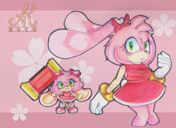 Size: 2433x1777 | Tagged: safe, artist:starlysalice, amy rose, rabbit, 2025, bow, chibi, cute, flower, looking at viewer, piko piko hammer, signature, smile, solo, species swap, standing