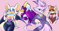 Size: 1854x990 | Tagged: safe, artist:numypome2, blaze the cat, rouge the bat, vanilla the rabbit, wave the swallow, bat, bird, cat, rabbit, 2020, cleavage, female, females only, frown, group, hand on hip, lidded eyes, looking at viewer, looking back, looking back at viewer, looking offscreen, pink background, simple background, smile, sparkles
