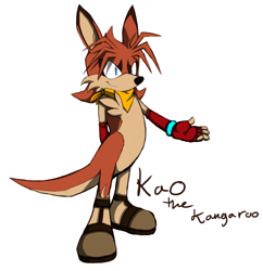 Size: 984x1016 | Tagged: safe, artist:siscocentral, oc, oc:kao the kangaroo, 2011, bandana, character name, english text, fingerless gloves, gloves, hand behind back, kangaroo, looking offscreen, oc only, shoes, simple background, smile, solo, text, white background