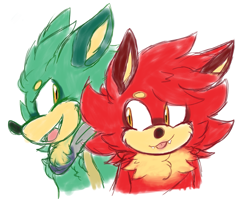 Size: 1593x1362 | Tagged: safe, artist:sonamy43, gadget the wolf, wolf, 2021, beanbrows, bust, chest fluff, cute, duo, fangs, fluffy, fur markings, gadgebetes, gearabetes, gears the wolf, looking at each other, mouth open, one fang, simple background, smile, tongue out, white background, winter coat (fur)